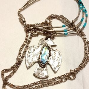 Vintage Silver Tone Thunderbird Necklace and Turquoise Bracelet/Jewelry Lot